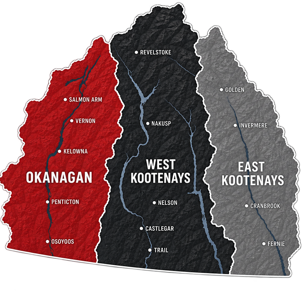 Okanagan, Kootenays, West Kootenays, East Kootenays, Kelowna, Nelson, Castlegar, Trail, Rossland, Cranbrook, Creston, Penticton, Vernon